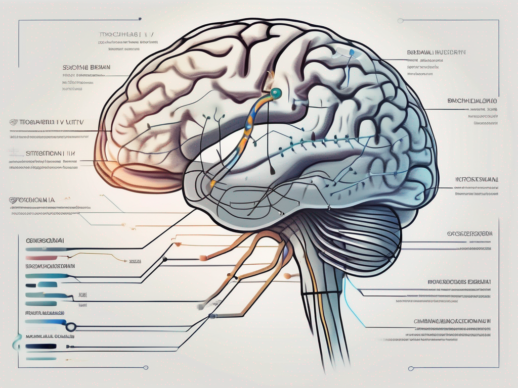 The human brain highlighting the path of the trochlear nerve (cranial nerve iv) with symbols indicating its motor function controlling eye movement